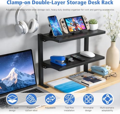 Image of 2-Tier Clamp-On Desk Shelf Organizer, Steel 16 in Shelf, Large | Heavy Duty, Expandable Above /Under Desk Storage Shelves, Desktop Extender Accessories for Office Study Room