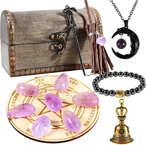 Soulnioi Healing Crystals Set: 14 Raw Stones, 7 Chakra Stones, 7 Crystal Heart Shaped Stones, Tree of Life Necklace, 7 Chakra Double Layered Bracelet with Wooden Box for Beginners Meditation (31 PCS)