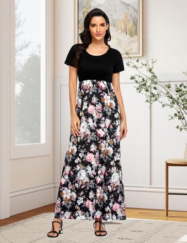 Image of Lacavocor Womens Short Sleeve Maxi Dresses Empire Waist Long Dress