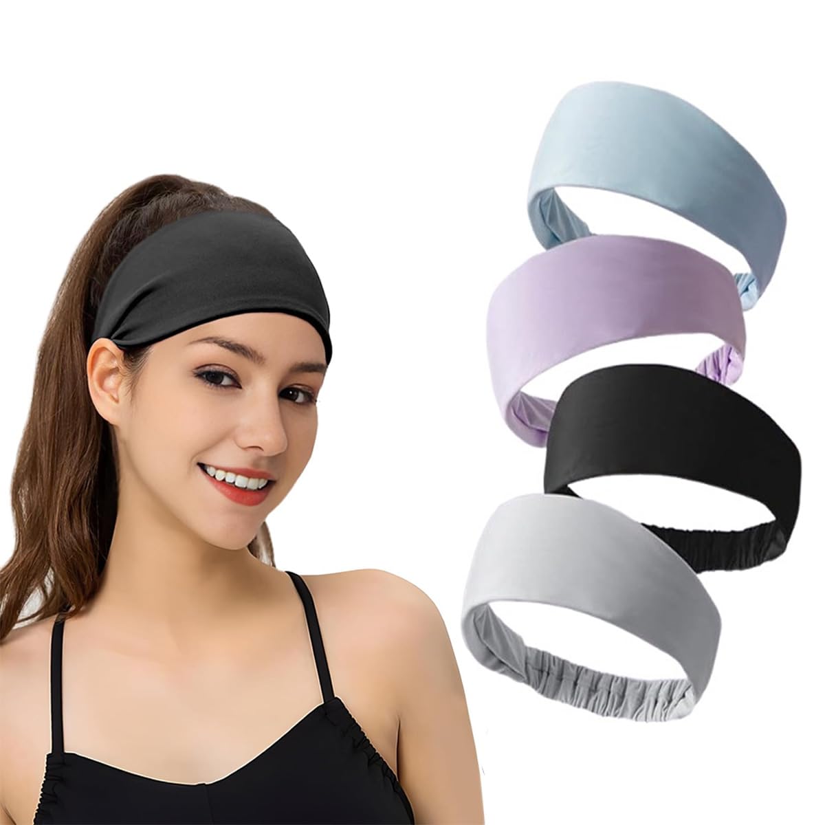 Proberos® 4Pcs Sweat Bands Headbands for Women & Men, Breathable Quick-Dry Elastic Sports Headbands for Running, Workouts, Yoga, Fitness, Stylish 4-Color Pack (Grey, Black, Purple, Blue)-image-4