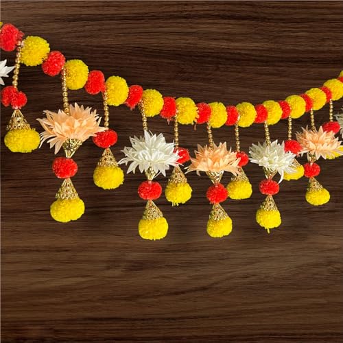 Image of iHandikart Handmade (40 Inch) Decorative Bandanwar with Marigold, Artificial Flowers, Golden Bells & Beads Traditional Door Bandanwar for Makar Sankranti, Lohri, Home Decor & Housewarming (B0066)
