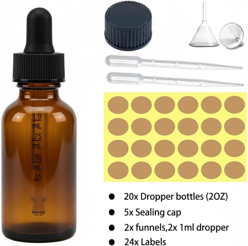 20 Pack Amber Glass Dropper Bottles 4 oz with Graduated Droppers – Ideal for Essential Oils, Serums & Tinctures – Leakproof 120ml Dispenser for DIY, Travel & Small Business