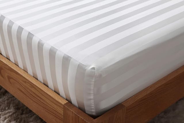 40cm Extra Deep Stripe Fitted Sheet 100% Egyptian Cotton 600 Thread Count Bedsheet Mattress Covers White Grey Bottom Sheets Double King Super King Bed Size (Double, White)