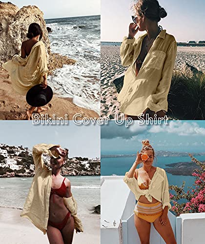 Image of Zoye Chen Women's Bikini Swimsuit Cover Up Button Down V Neck Shirts Long Sleeve Blouse Beachwear Bathing Suit