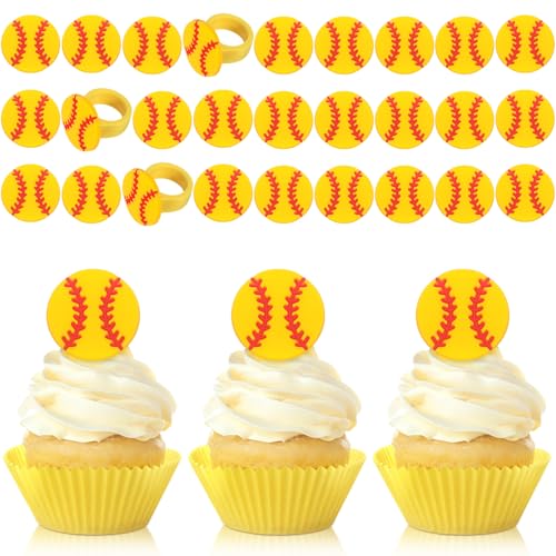 Honeydak 48 Pcs Softball Cupcake Rings Toppers Decoration Sport Ball Theme Cake Picks Softball Party Decoration Sport Cupcake Toppers Rings for Birthday Party Supplies