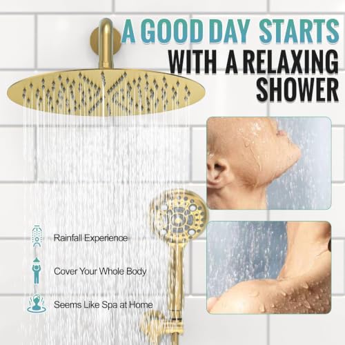 Image of SR SUN RISE Shower Faucet - Multifunctional High Pressure Shower Head System with Handheld Shower Head Fixtures - Valve Included (Brushed Gold, 12 inch)