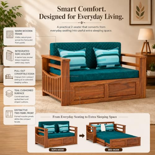 Image of Douceur Furnitures Solid Sheesham Wooden 2 Seater Sofa Cum Bed with Mattress & 2 Teal-Green Cushions,Wood Foldable Convertible Sofa Diwan Cum Bed for Living Room and Bedroom, Honey Teak Finish