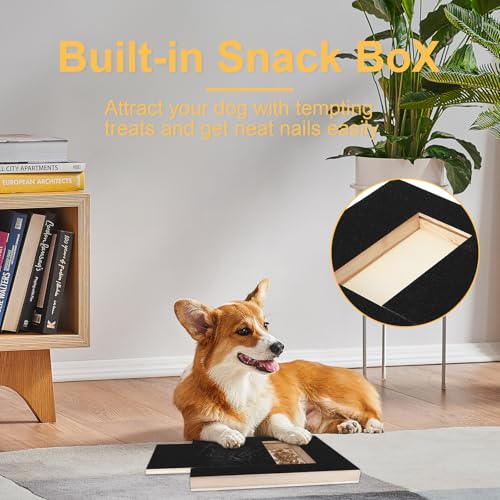 Kratzbrett für Hunde mit Leckerlibox und Krallenschleifer - 1 Ersatzblatt Schleifpapier für Nagelpflege bei Hunden