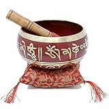 Shalinindia 5.5 Inches Hand Painted Metal Tibetan Buddhist Singing Bowl Musical Instrument for Meditation with Stick and Cushion-Red