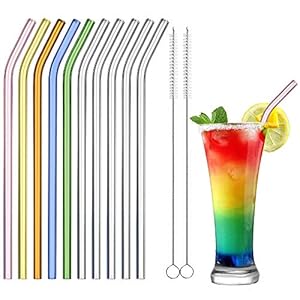 ecooe Glazen rietjes 10 herbruikbare rietjes 0,8 * 21,5 cm gebogen glazen rietjes met 2 reinigingsborstels…