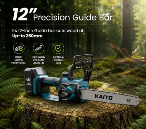 Image of KAITO 48 V Cordless Chainsaw Machine | Brushless Motor | 12-Inch Guide Bar | 8300 RPM | 2 x 3.0 Ah Batteries | Tree Cutter Tool | Wood Cutting Machine for Home | Wood Cutter Tool Machine
