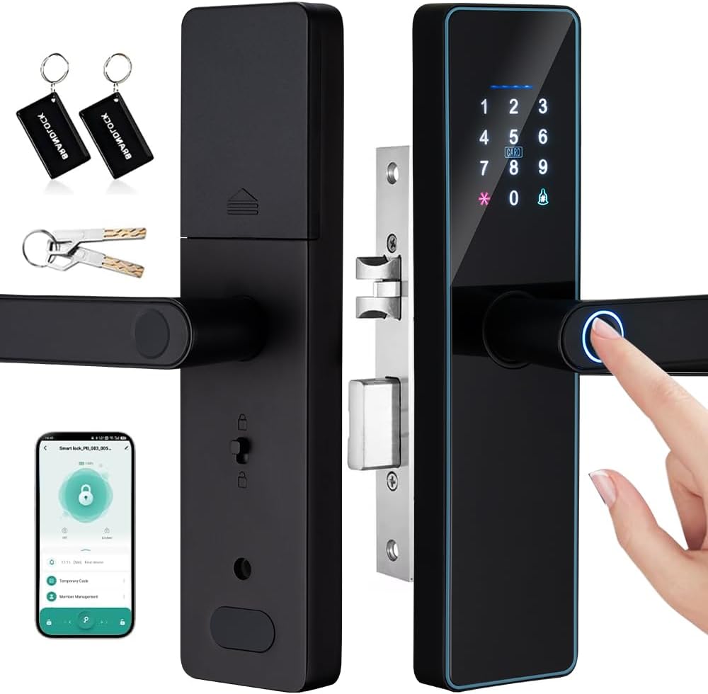 TEKXDD Smart Lock components including front and rear panels, mortise lock, keys, and IC cards.