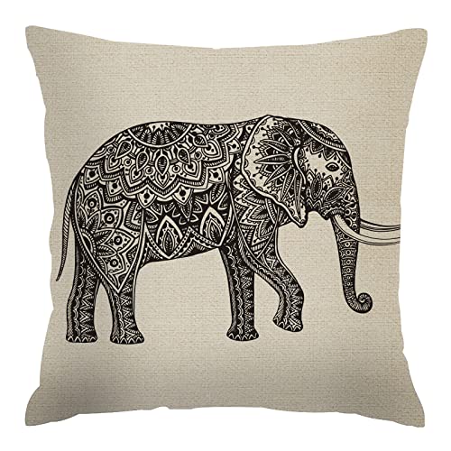 Hysing Throw Pillow Covers 18 X 18 Inch Floral Art Elephant Ethnic Tribal Elephant Black And White Linen Square Pillow Cases Decorative Cushion Cover For Sofa Bedroom Living Room #TOP21