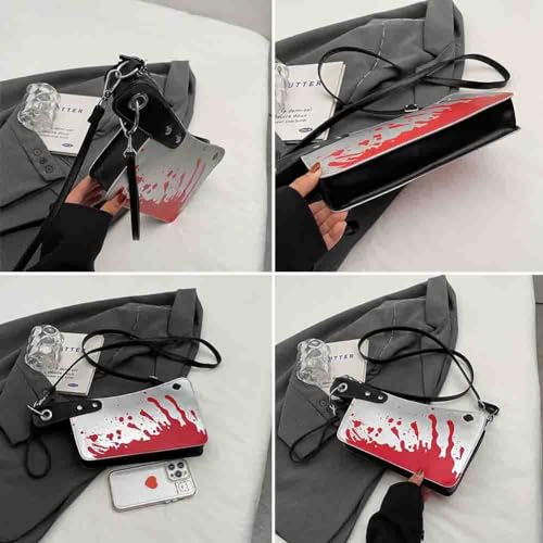 Image of PU Leather Creative Prank Knife Shoulder Bag, Japanese Cartoon Gothic Horror Crossbody Bag, Bloody Axe Chopper Clutch Purse