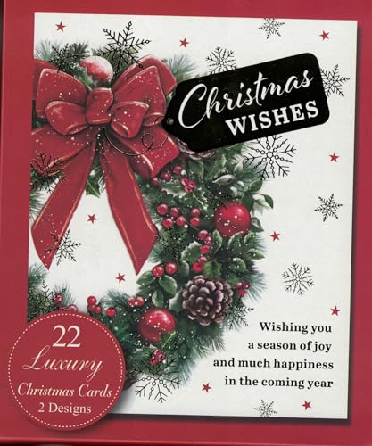 "22 Luxury Christmas Cards Boxed Set – 2 Elegant Designs with Envelopes | Holiday Greeting Cards Bulk Pack – Wreath & Bow Design, Festive Xmas Wishes"