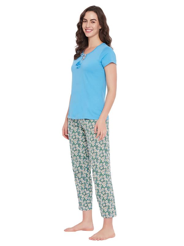 Image of Clovia Women's Cotton Printed Top & Pyjama Set - Blue