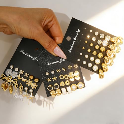 75 Pairs Gold Stud Earrings Set for Women, Trendy Hypoallergenic Pearl Cubic Zirconia Multiple Piercings Earrings Packs, Stud Hoops Earrings for Gift Jewelry - Image 5