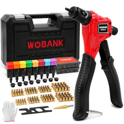WOBANK Rivet Nut Tool Kit, 8' One Handed Rivnut Tool with 160pcs Nuts for Tight Spaces, 8 Metric & SAE Mandrels (M3, M4, M5, M6, 6-32, 8-32, 10-24, 1/4-20), Step Drill, Wrench, Gloves & Carrying Case