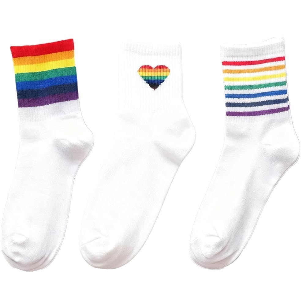 Trixes Unisex White 3 Pack Pride Socks With Rainbow Decals - Pride Accessories - Lgbtqia2s+ Essentials - One Size