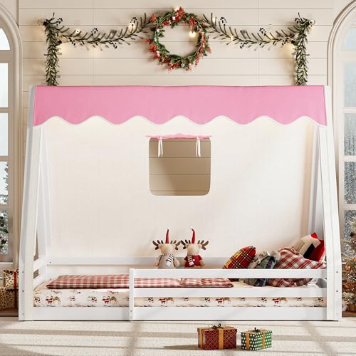 Image of CZBZ Twin Size House Floor Bed with Canopy Tent and LED Lights, Wood Teepee Montessori Floor Beds Frame with Guardrails for Kids, Playhouse Design for Safe Sleep & Imaginative Play