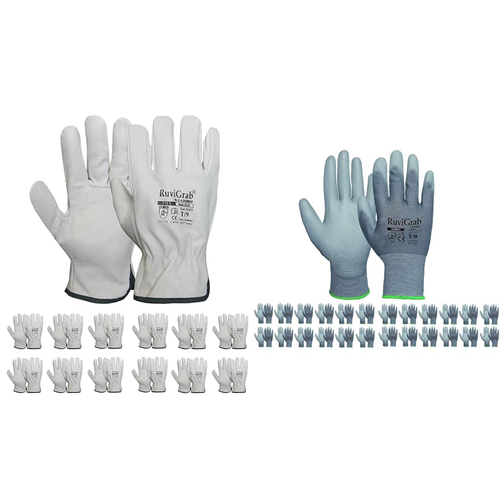 Ruvigrab - Pack 12 pares - Guante de Trabajo de Piel de Flor Natural - Guantes para Jardinería & Transpirable Poliuretano, Guantes De Trabajo Unisex Adulto, Gris (Grey), Talla 9-24 Pares Paquete De