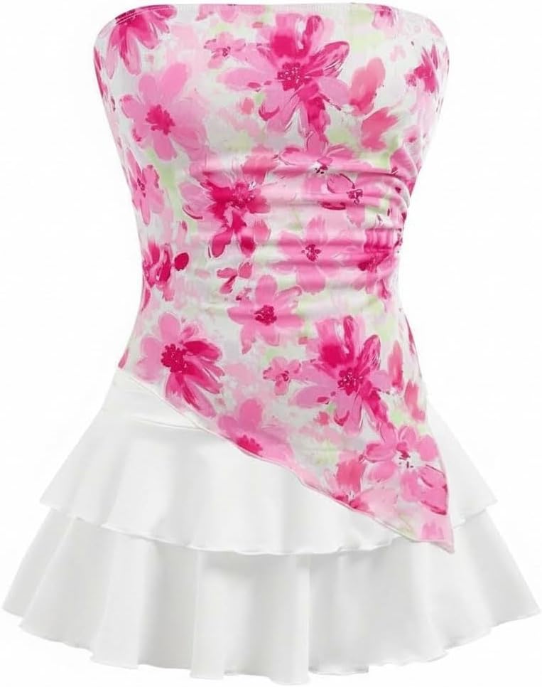 Girl's Summer 2 Piece Outfits Asymmetrical Floral Print Tube Top Pleated Layered Ruffle Skirt Set Teen for 13-16Y
