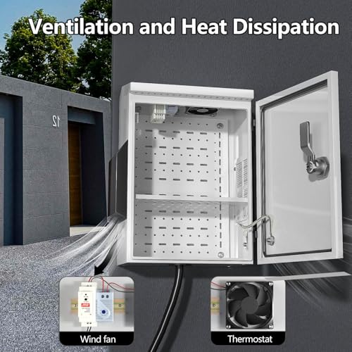 Image of Outdoor Electrical Box with Thermostat and Fan, Cold-Rolled Steel Plate, Aluminum Alloy Back Beam, One-Piece Ventilation Design, IP65 Waterproof, Wall /Pole Mounted. (15.7 inch x 11.8 inch x 5.9 inch)