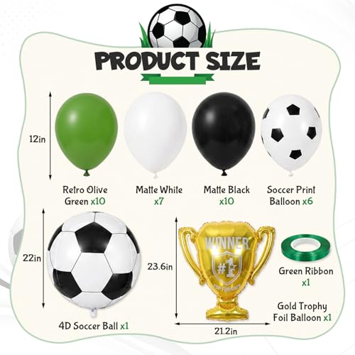 Image of Green and Black Soccer Balloons for Boys Men 12 Inch Green White Latex Soccer Balloons & 22 inch Soccer Foil Ball Gold Trophy Balloon Sports Theme Birthday Football Game Day Party Decorations Supplies