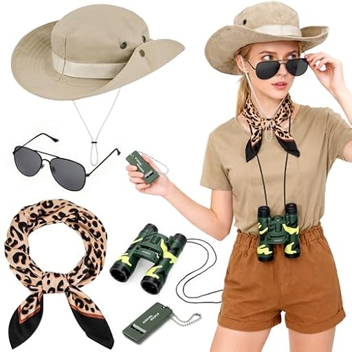 Kkluno 5 Piezas Disfraz de Safari Mujer Hombre - Accesorios Disfraz Explorador con Sombrero de Safari Binoculares Gafas de Sol Telescópicas Pañuelo para el Cuello Silbato Salvavidas | Ya disponible en tu tienda friki favorita! En mundofriki.es!