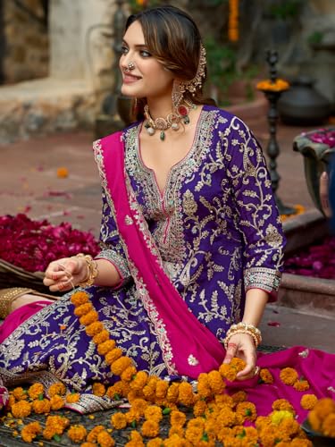 Image of INDO ERA Women's Silk Blend Embroidered Straight Kurta & Pant With Dupatta Set (IEOUT10592)