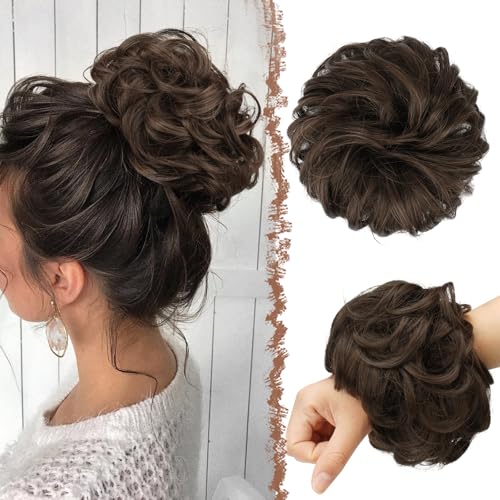 FESHFEN Chignon Finto per Capelli, Elastici Chignon Finti Sintetica Ondulato Capelli Naturale Coda di Cavallo Brunetta Calda Posticci per Capelli Spessi Updo per Donne Ragazze, 55g