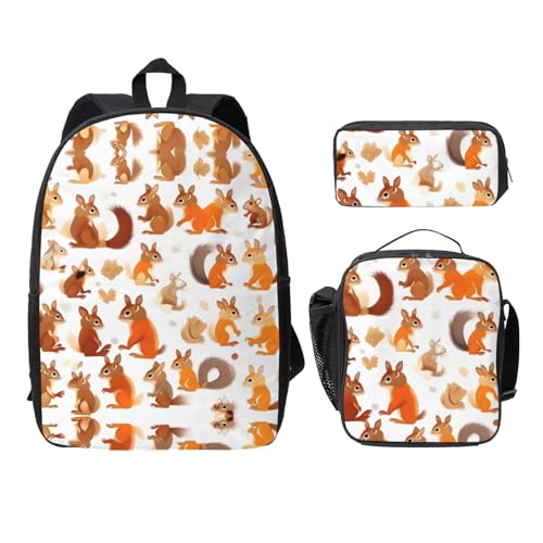 Sac à dos d'école léger anti-fatigue 3 pièces écureuils avec trousse et boîte repas