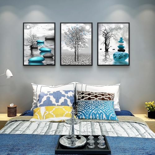 Large Black Framed Wall Art for Living Room Wall Decor for Office Bedroom Wall Decoration Blue Abstract Pictures Black and White Paintings Modern Room Aesthetic Home Decor 3 Piece Art Prints