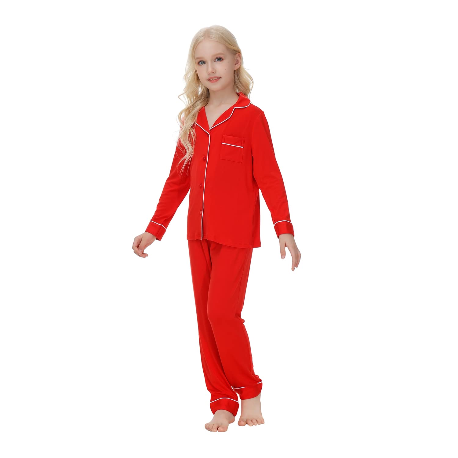 Verve Jelly Unisex Mädchen Jungen Pyjama-Set Button-Down-PJs Langarm-Button-Down-Hemd mit Taschen Lange Hosen Nachtwäsche Zweiteilige Lounge-Sets