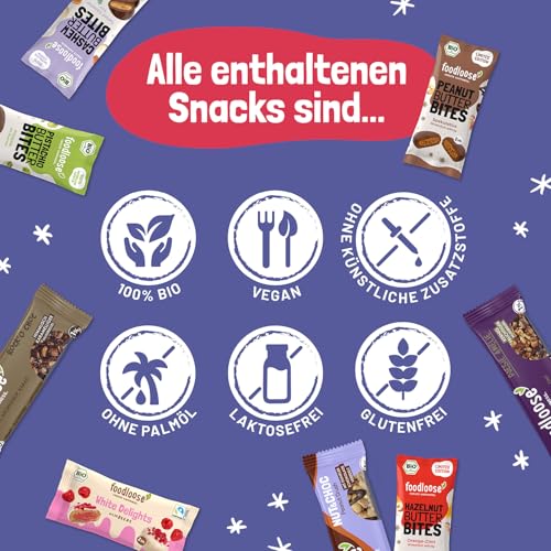 foodloose Bio-Snack Adventskalender 2025 | Vegan, glutenfrei und laktosefrei| Nussriegel, Nut Butter Bites & White Delights|Inklusive limitierter Wintersorten & Überraschungen