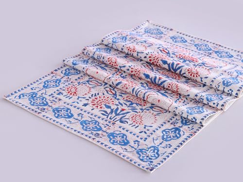 Image of Ravaiyaa - Attitude is everything Cotton Hand Block Printed Table Runner Bed Runner Table Decor (Red & Blue Floral)