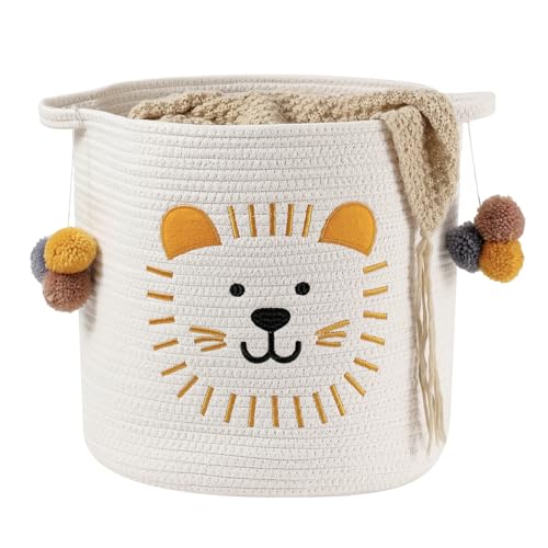 Image of Large Blanket Baskets for Living Room Decor, Toy Storage Baskets Woven Cotton Rope Animal Storage Basket for Kids, Dog Toys Organizer Clothes Hamper with Embroidery Decor for Nursery (Large, Lion)