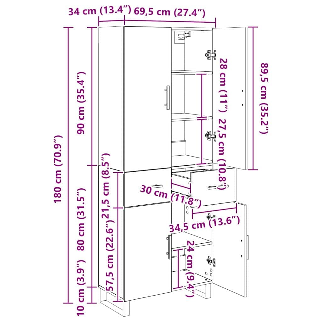 Meuble haut avec tiroirs et portes en bois vieilli, 69,5 x 34 x 180 cm, buffet moderne avec espace de rangement, étagère et étagère pour salon, salle à manger, couloir, cuisine, bureau