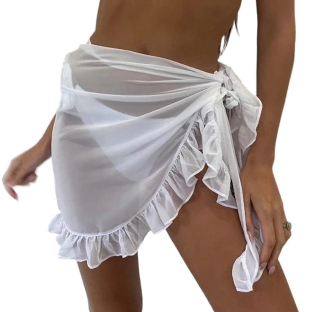 Evlry Edary - Falda de gasa con volantes para la playa, pareo envolvente, pareo de playa con tiras laterales, pareo de vacaciones, playa, para mujeres y niñas (blanco)