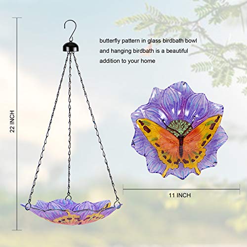 DREAM GARDEN Hanging Bird Bath - 11-Inch Glass Birdbath Butterfly Birdfeeders for Outdoor Garden Yard Decoration Purple
