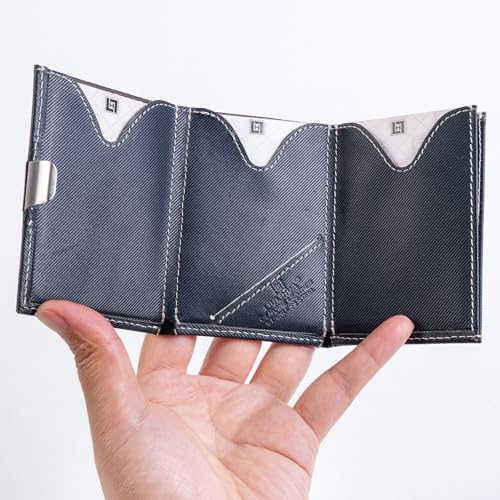 Image of Minimalist Front Pocket Trifold Wallet for Men Women, Genuine Leather RFID Blocking Credit Card Holder, Slim Compact EDC Cash Billfold with Stainless Steel Locking Money Clip(Dark Blue)