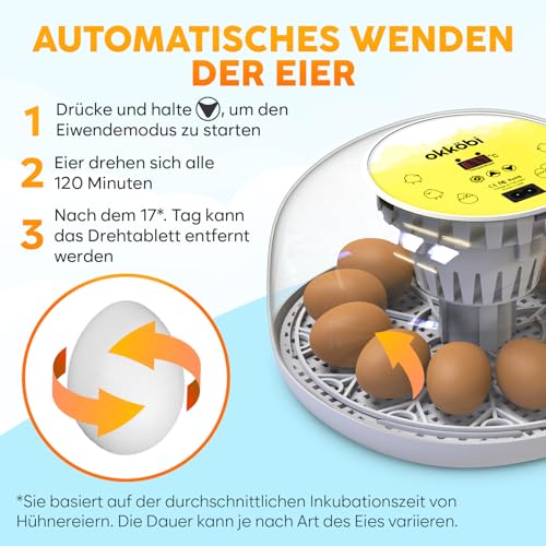 Inkubator für Eier - Brutautomat Vollautomatisch mit Eier Wenden, Temperatur & Luftfeuchtigkeitskontrolle, transparenter 360° Deckel, Brutmaschine Vollautomatisch 12-24 Eier - Weiß und Gelb