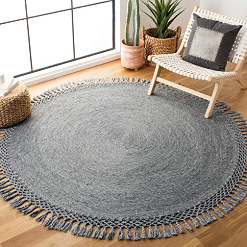 SAFAVIEH Sahara Collection 6' Round Charcoal SAH490H Handmade Boho Tassel Area Rug