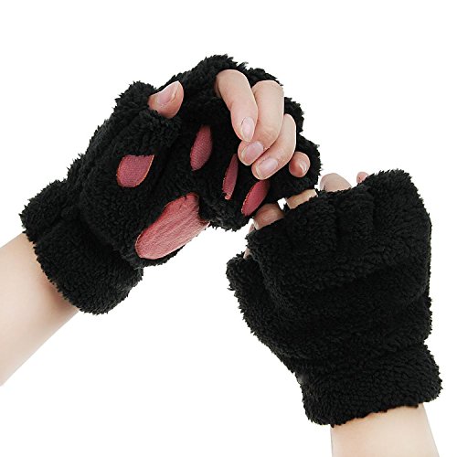 MAKFORT Fingerlose Handschuhe Winter Katze Plüsch Handschuh Schwarz