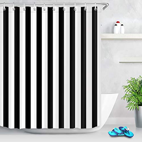 LB - Cortina de Ducha de Color Blanco y Negro, Cortina de baño a Rayas, Tela de poliéster Impermeable de 60 x 72 Pulgadas, decoración de baño de Moda, Ganchos de Anillo incluidos