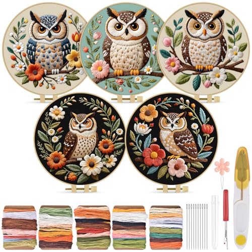 Image of TINDTOP 5 Pack Embroidery Kit for Adult, Embroidery DIY Starter Kit, with Stamped Patterns, Hoop, Tools, Colorful Threads with Needles, Instructions | with Stamped Patterns, Hoop, Tools, Colorful Threads with Needles, Instructions