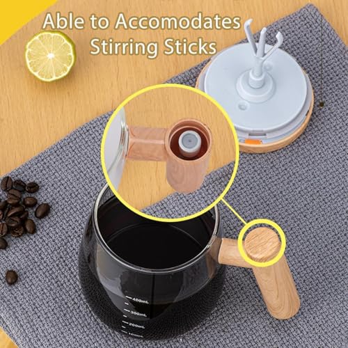 Image of Self Stirring Coffee Mug with Lid | Automatic Mixing Glass Cup for Coffee, Milk & Protein Drinks | Wooden Handle Mug for Home & Office