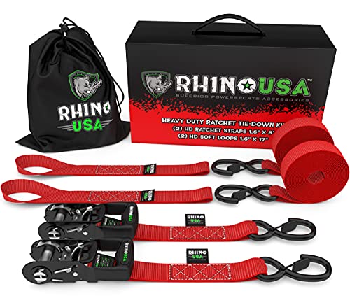 RHINO USA Ratchet Straps Tie Down Kit, 5,208 Break Strength - Includes (2) Heavy Duty 1.6  x 8  Rachet Tiedowns with Padded Handles & Coated Chromoly S Hooks + (2) Soft Loop Tie-Downs (RED)