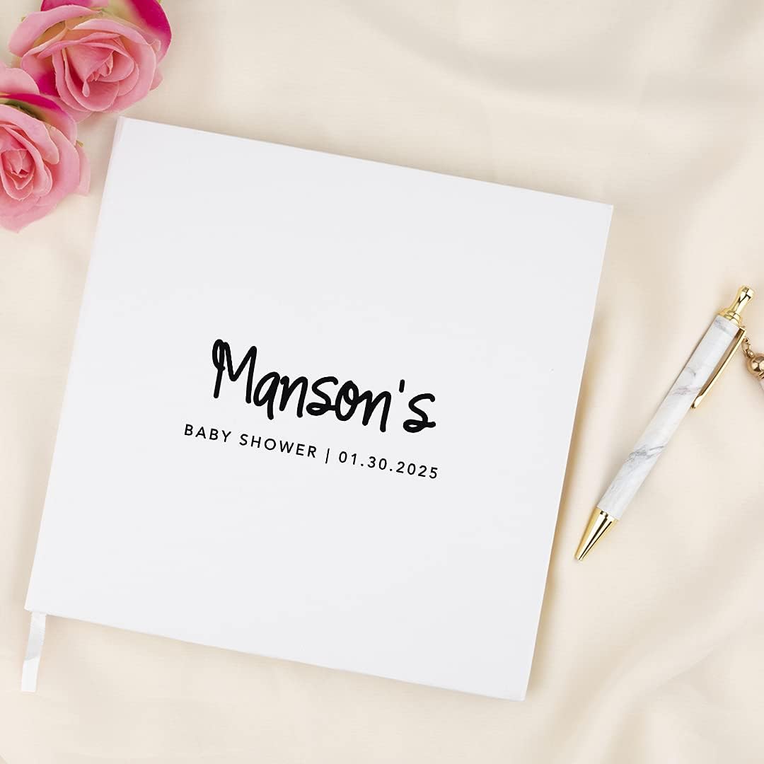 Andaz Press Personalized Baby Shower Guestbook with Gold Accents, Modern Script Custom Name, Date, White Guest Sign in Registry 120 Pages 8.5 X 8.5 Memories Book for DIY, Scrapbook, Photo Album