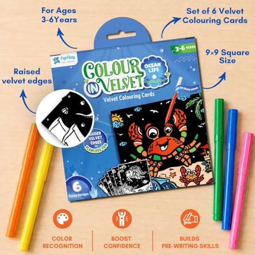 Image of PepPlay Velvet Coloring Cards for Kids - 6 Ocean Life Art Cards | Sensory Mess-Free Travel Activity Kit for Flights & Road Trips | Gift for Boys & Girls Age 3-8 | Birthday Return Gift